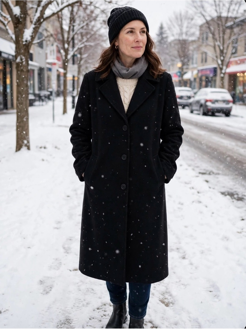 Roaman's Black Wool-Blend Single-Breasted Pea Coat PTP 25”, L 48”, ArmL 25”